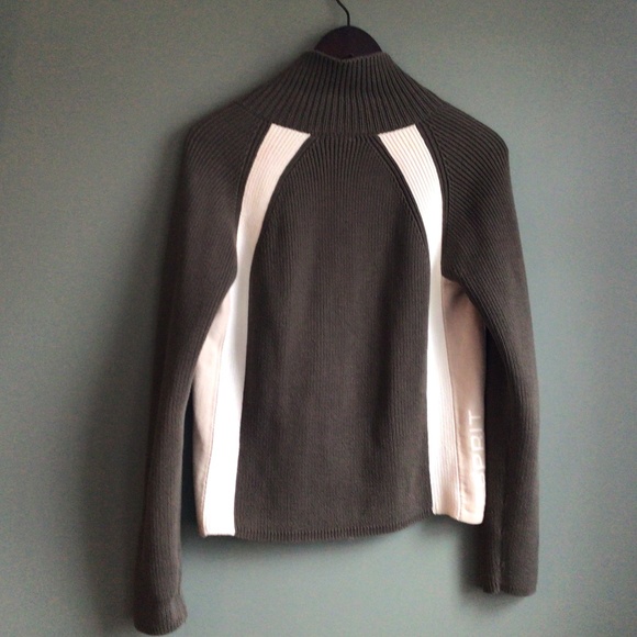 Ladies Full Zip sweater olive green with cream and tan panels size large - Picture 5 of 8